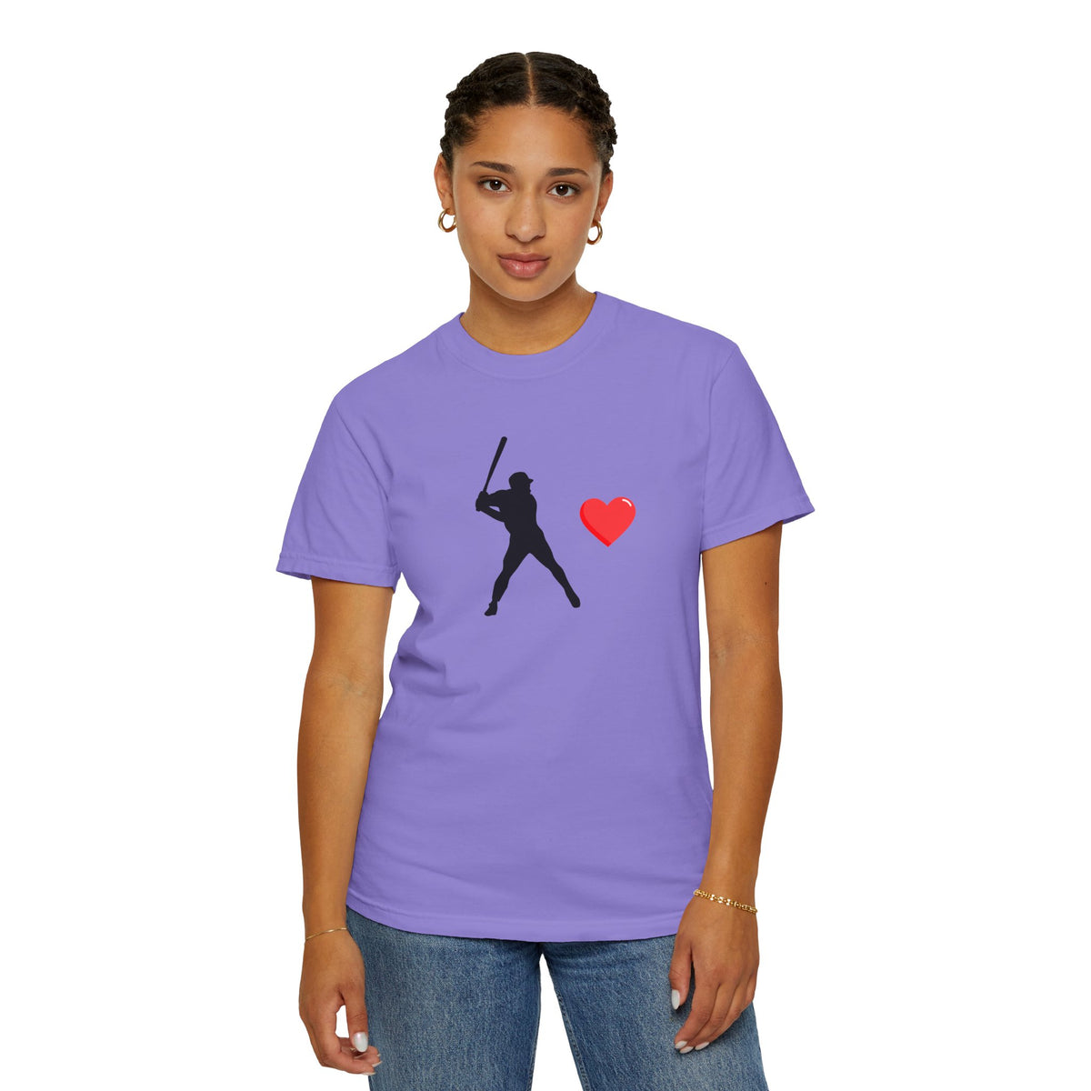 Printify baseball batter heart T-shirt featuring a graphic of a batter with a heart design on the front.