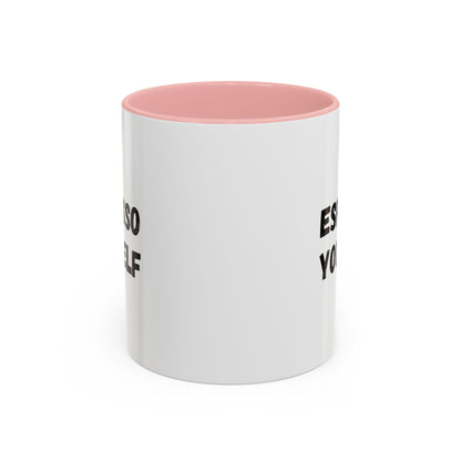 Black ceramic Espresso Yourself accent coffee mug featuring humorous "Espresso Yourself" design, 11 oz size, by Printify.