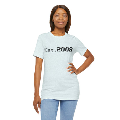 Black graphic T-shirt by Printify featuring "Established 2008" minimal design on the front.