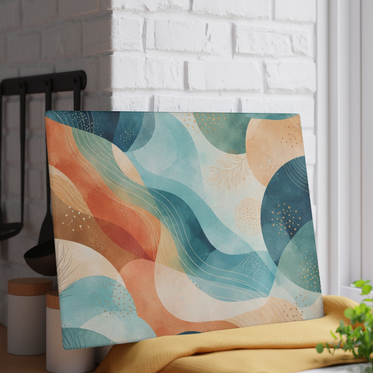 Abstract Ocean Waves Glass Cutting Board — Coastal Blue & Coral Decorative Chopping Board