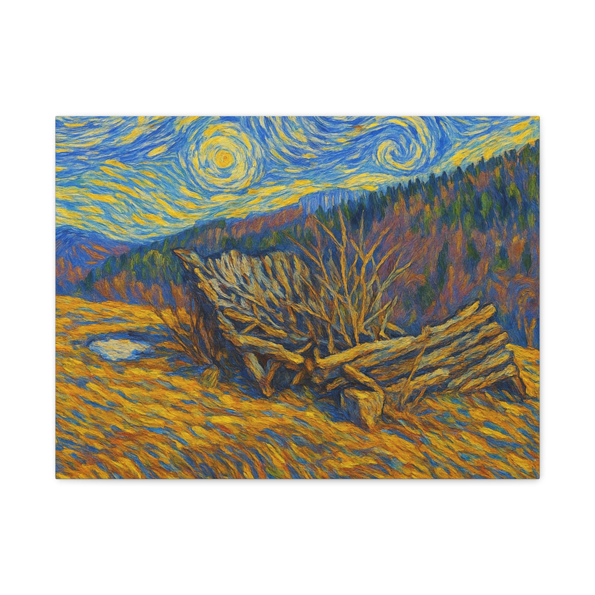 Impressionist Starry Landscape canvas print by Printify showing a vibrant, starry night scene with colorful brushstrokes on canvas.