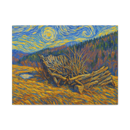 Impressionist Starry Landscape canvas print by Printify showing a vibrant, starry night scene with colorful brushstrokes on canvas.