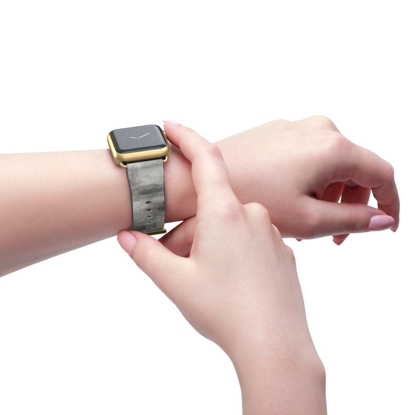 Gray watercolor camouflage Apple Watch band with neutral abstract design, accessory compatible with Apple Watch models.