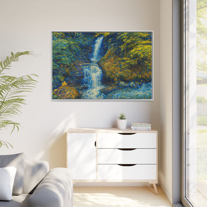 Framed matte canvas print of impressionist waterfall wall art by Printify, showcasing vibrant colors and textured brushstrokes.
