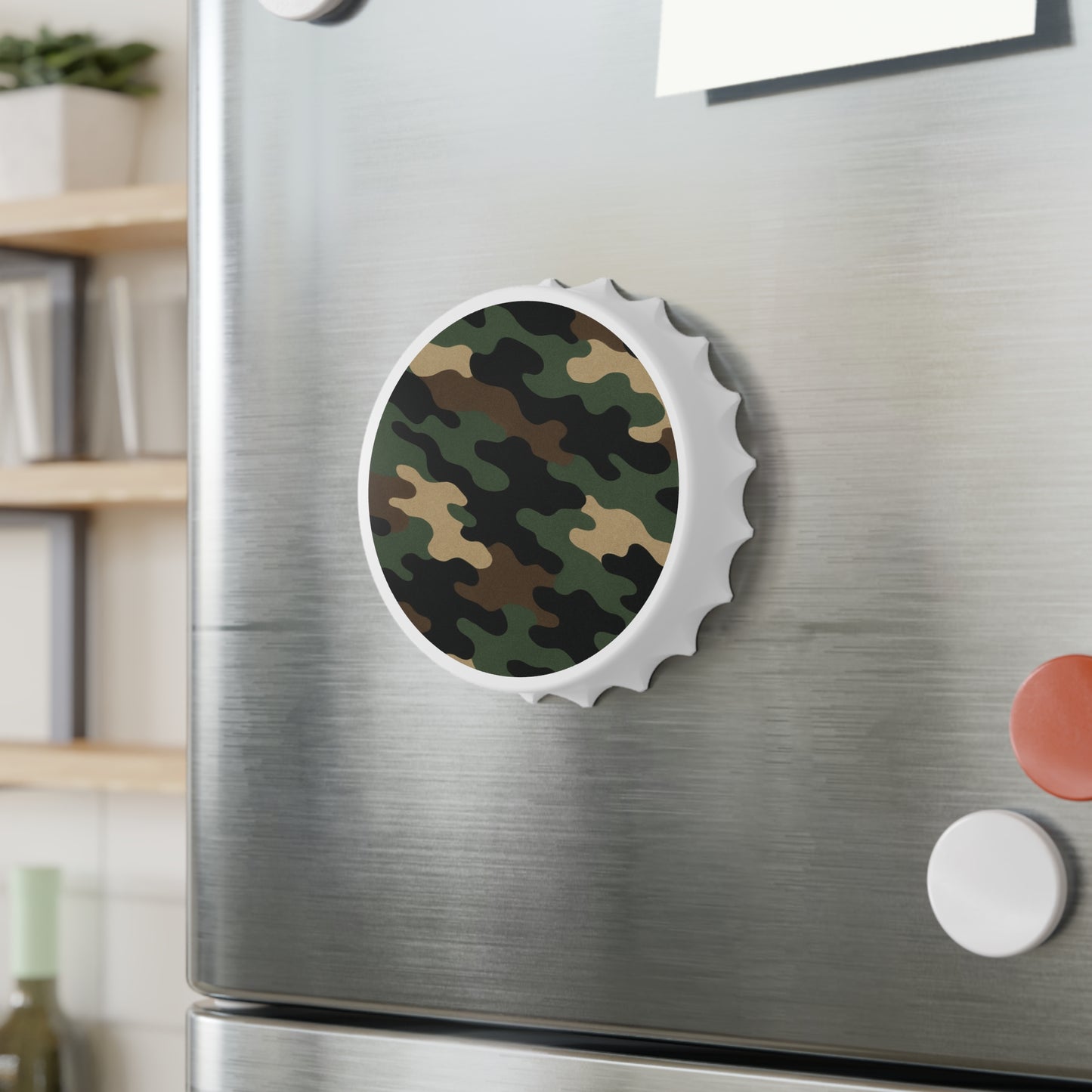 Camo bottle opener accessory by Printify, featuring a camouflage design, ideal for opening bottles and outdoor activities.