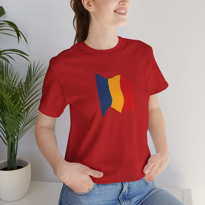 Romania flag T-shirt by Printify featuring a minimalistic waving tricolor design on a casual T-shirt.