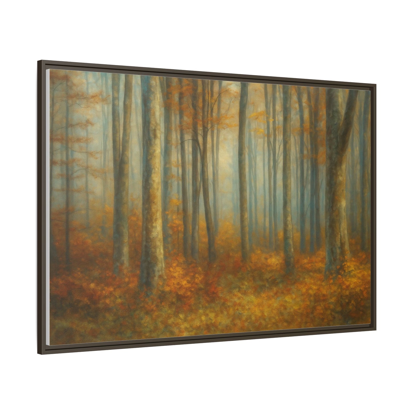 Framed autumn forest canvas print featuring misty woodland scene, wall art by Printify with vibrant fall colors.
