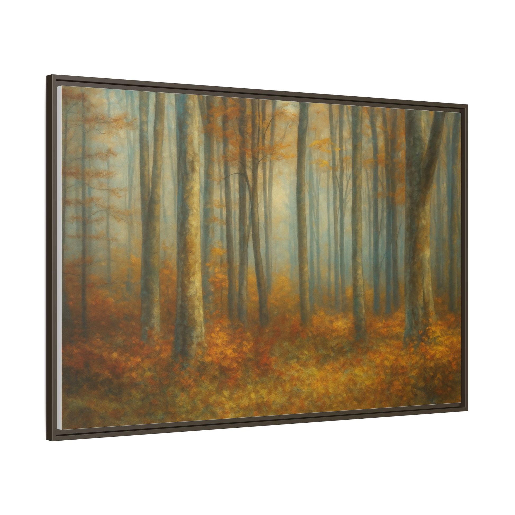 Framed autumn forest canvas print featuring misty woodland scene, wall art by Printify with vibrant fall colors.