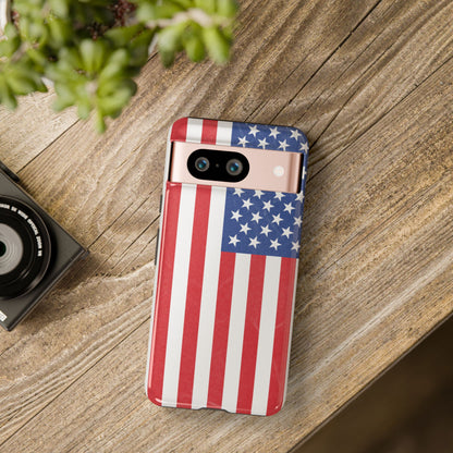 Durable American flag phone case for iPhone by Printify, featuring patriotic design and protective rugged construction.