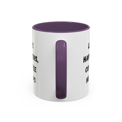 Black ceramic mug with "Life Happens Coffee Helps" slogan, 11oz or 15oz size, with black handle and rim, by Printify.