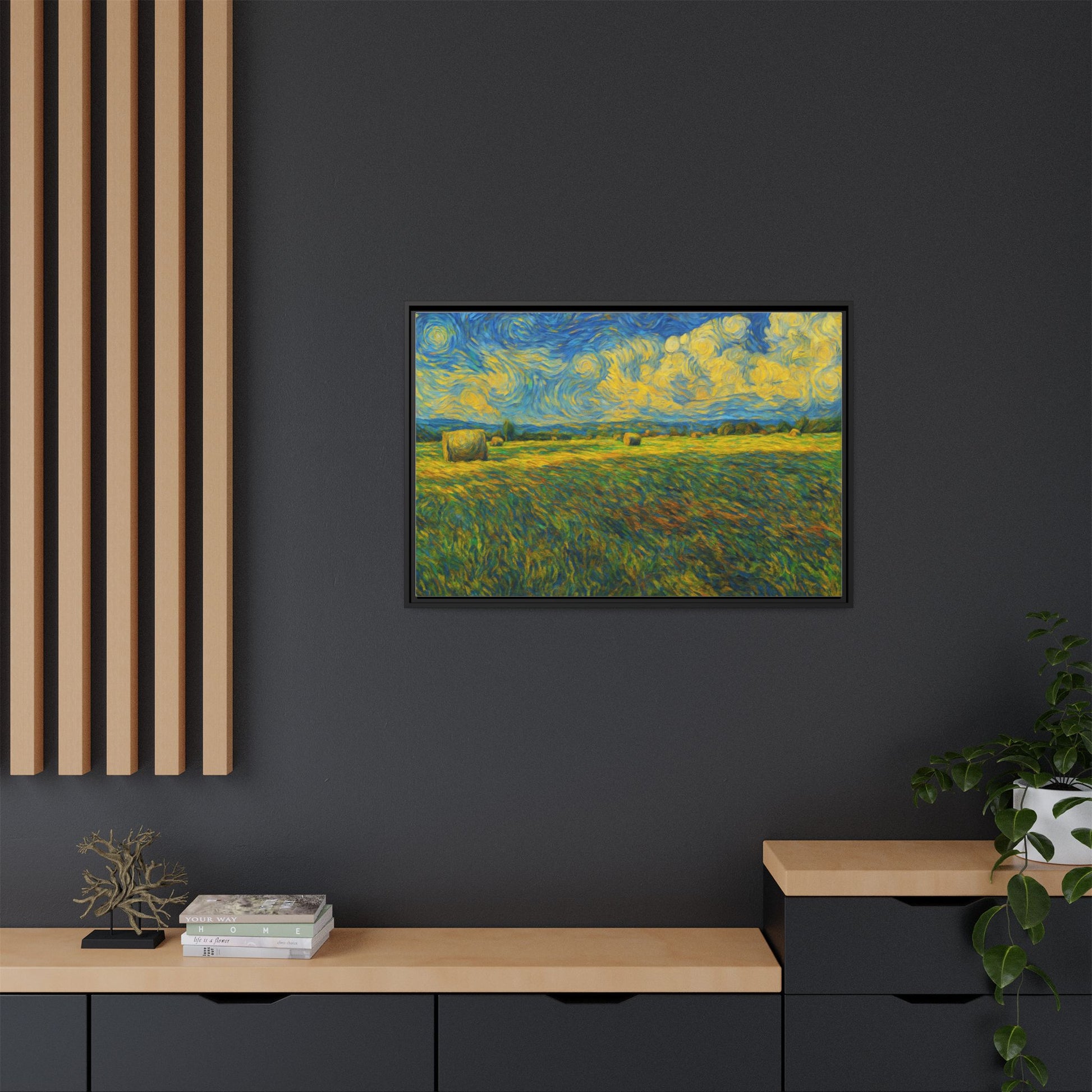 Framed landscape matte canvas print by Printify featuring vibrant, multi-color scenic artwork on quality canvas.