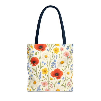 Wildflower Poppy print tote bag by Printify featuring a colorful floral all-over pattern on durable fabric.