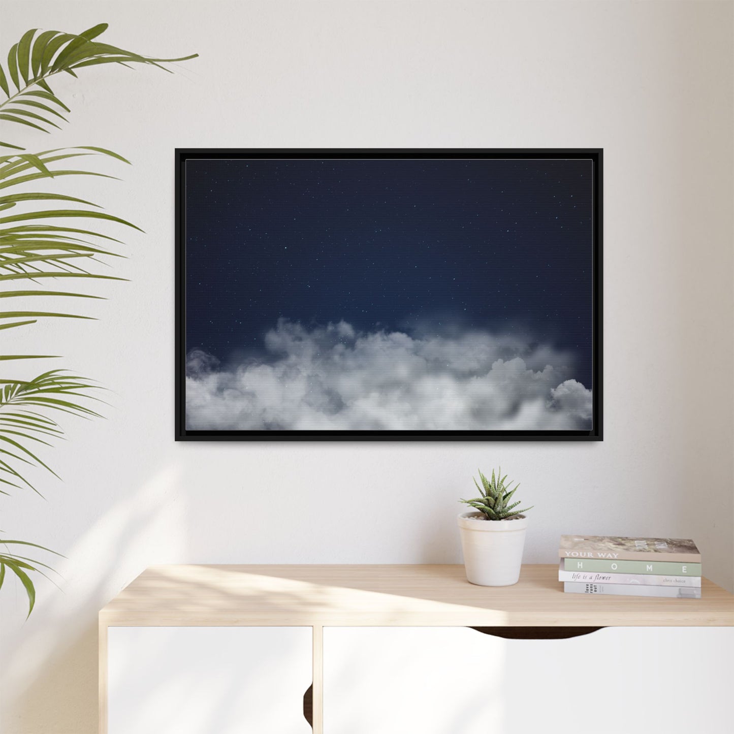 Framed night sky clouds canvas wall art by Printify featuring starry sky and cloud details in a matte finish.