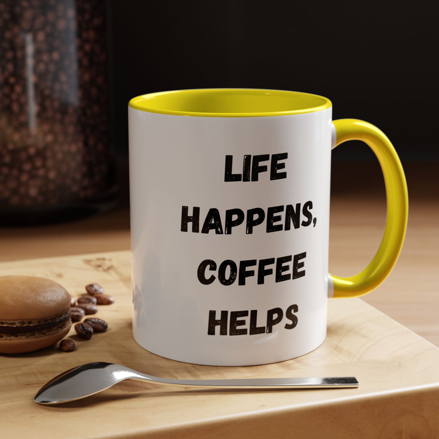 Life Happens Coffee Mug - Inspirational Coffee Cup, Gift for Coffee Lovers, Motivational Mug, Black Accent Mug, Coffee Humor