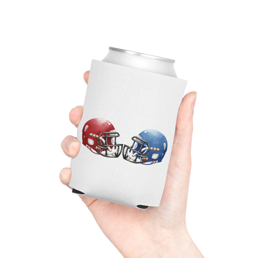 Red and blue football helmet can cooler featuring a rivalry design, perfect as a sports accessories Koozie.