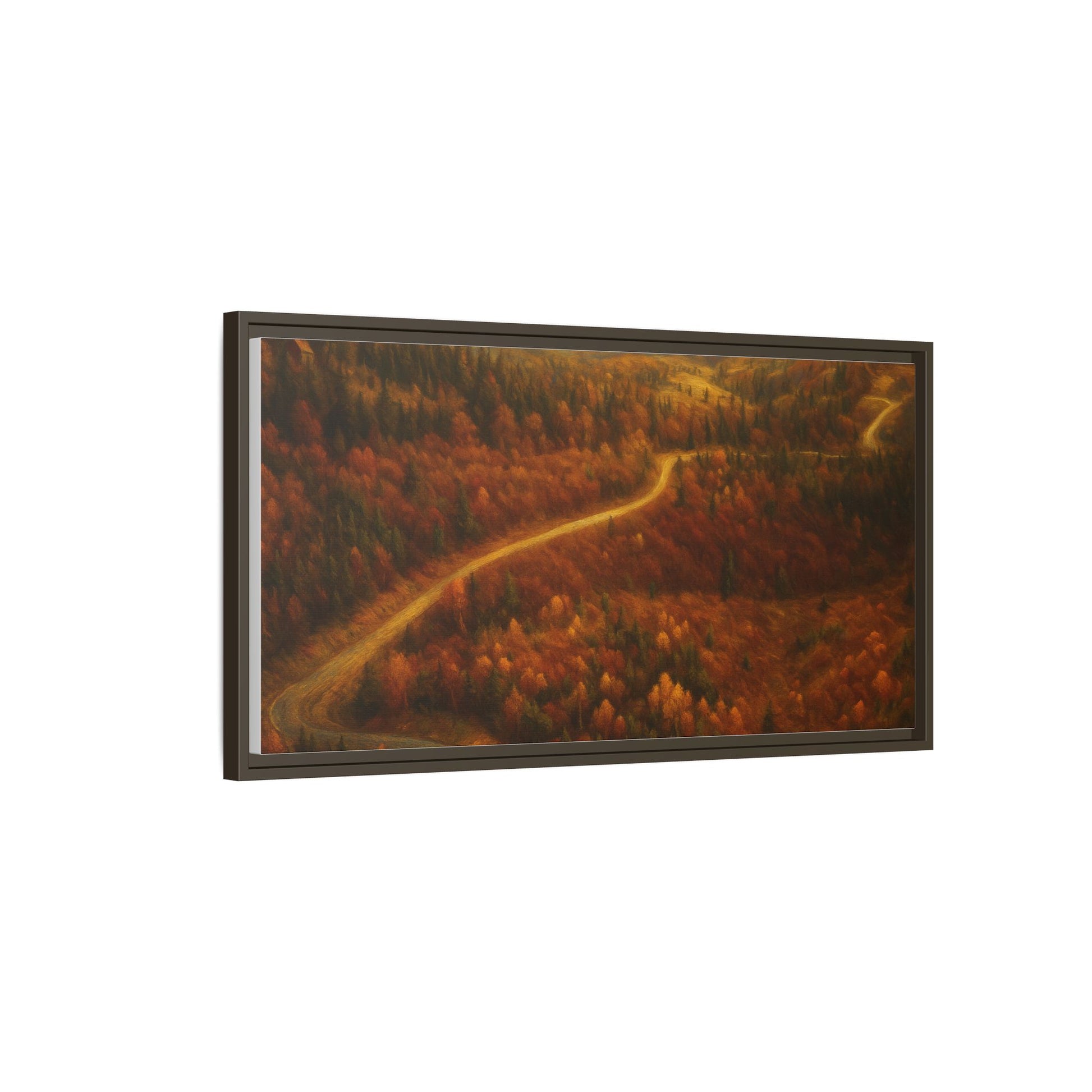 Framed matte canvas print of autumn forest road landscape wall art by Printify, showcasing vibrant fall colors and nature scene.