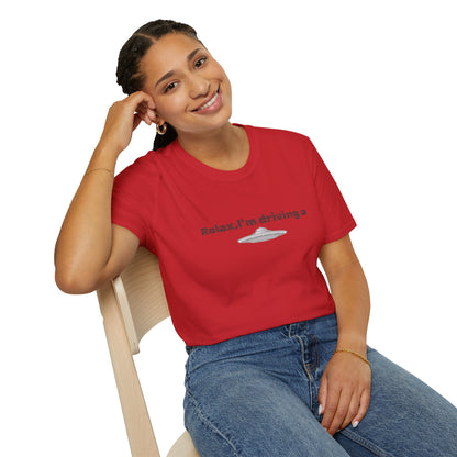 Black UFO T-Shirt with funny alien graphic print, featuring a sci-fi themed design on a casual Printify T-shirt.