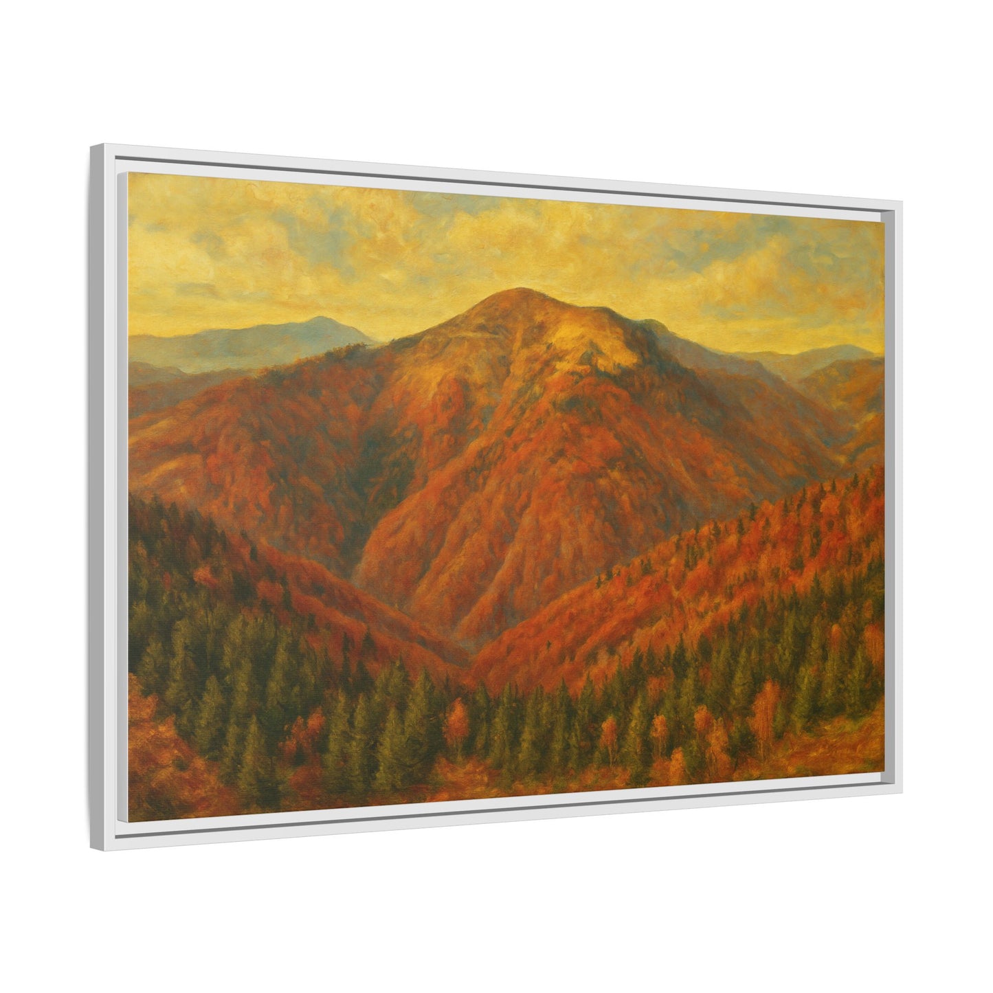 Autumn mountain matte canvas framed wall art by Printify featuring a scenic mountain landscape in warm fall colors.
