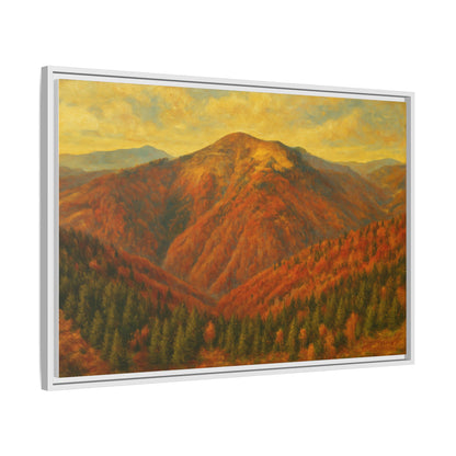 Autumn mountain matte canvas framed wall art by Printify featuring a scenic mountain landscape in warm fall colors.