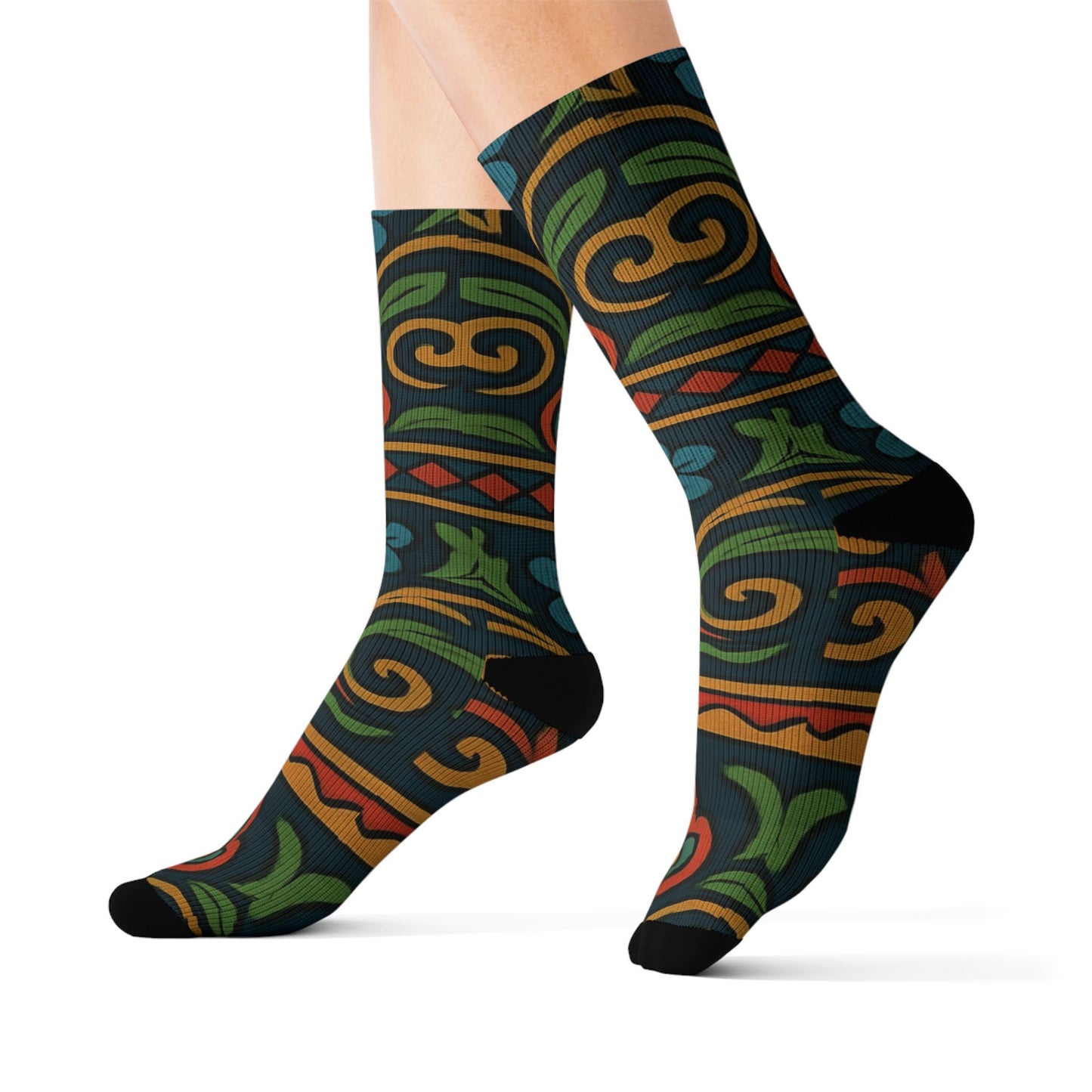 Victorian floral tile sublimation crew socks with all-over print, featuring intricate floral and geometric patterns by Printify.