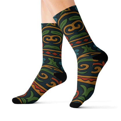 Victorian floral tile sublimation crew socks with all-over print, featuring intricate floral and geometric patterns by Printify.