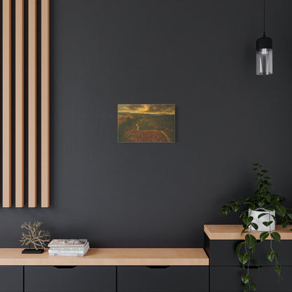 Autumn Ridge Road matte stretched canvas featuring a moody forest landscape wall art by Printify.
