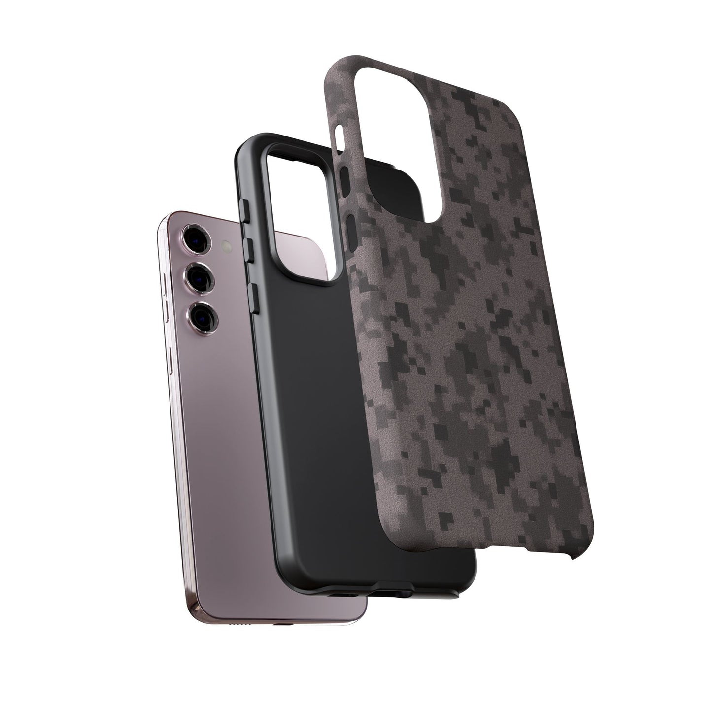 Gray digital camouflage phone case by Printify, tough protective cover for smartphones with a rugged camouflage design.