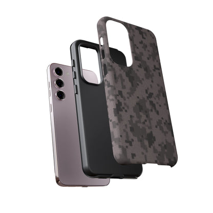 Gray digital camouflage phone case by Printify, tough protective cover for smartphones with a rugged camouflage design.