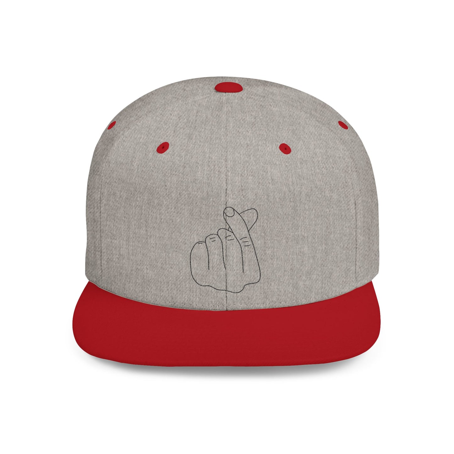 Minimalist hand gesture flat bill snapback hat by Printify featuring a sleek, modern design and adjustable fit.