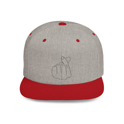 Minimalist hand gesture flat bill snapback hat by Printify featuring a sleek, modern design and adjustable fit.