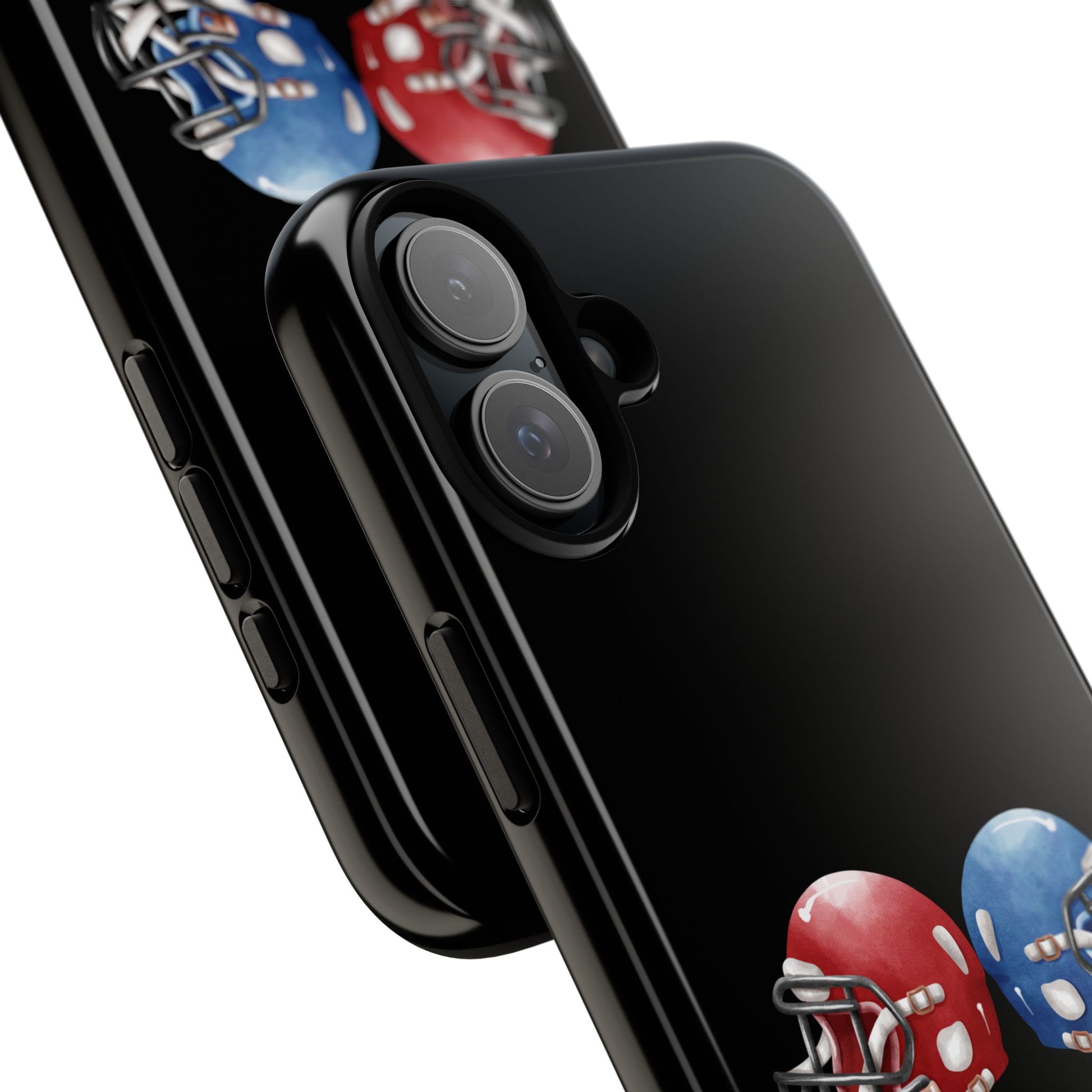 Red and blue football helmet print phone case for iPhone, protective tough case by Printify showing detailed helmet design.