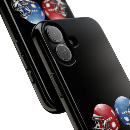 Red and blue football helmet print phone case for iPhone, protective tough case by Printify showing detailed helmet design.