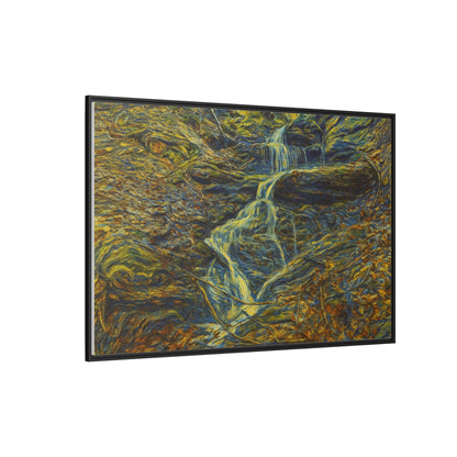 Framed matte canvas wall art depicting an autumn forest with a waterfall, designed by Printify for nature-inspired home decor.
