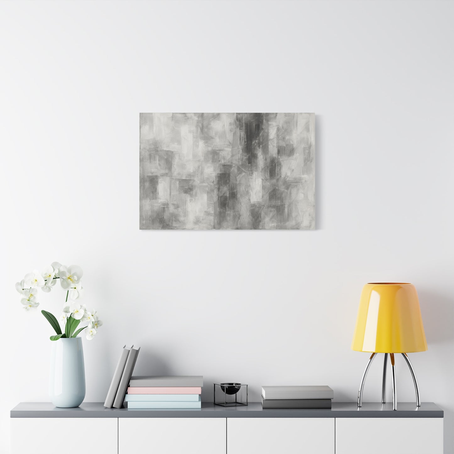 Abstract grey brushstroke on neutral modern matte canvas wall art, stretched print by Printify for contemporary home decor.