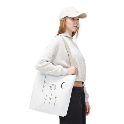 Minimal Moon and Sun botanical tote bag with celestial line art design, featuring a natural fabric look and eco-friendly style.