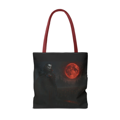 Gothic Dracula tote bag with moonlit vampire art, ideal Halloween gift, by Printify, featuring a dark and spooky design.