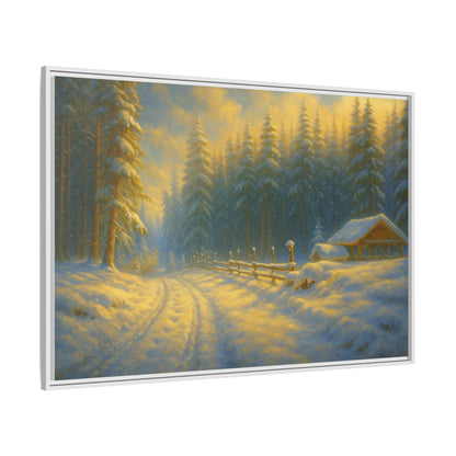 Framed winter cabin canvas print by Printify showing a snowy forest sunset scene for wall decor.