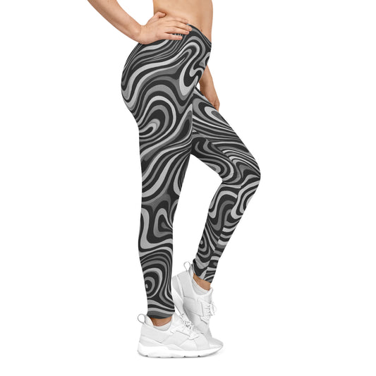 Black and white swirl all-over print leggings with retro psychedelic pattern by Printify, featuring vibrant, swirling abstract design.