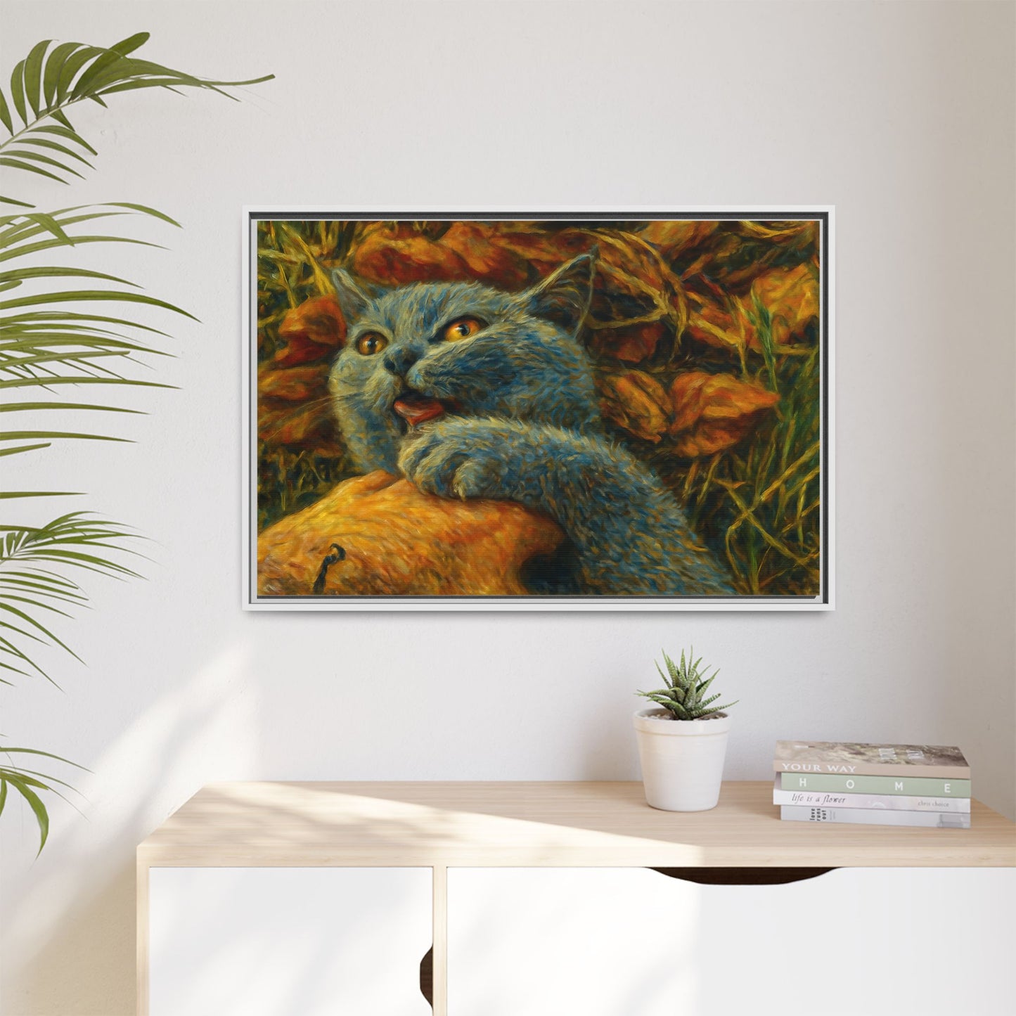 Blue cat canvas print featuring whimsical wall art, perfect as a gift for cat lovers, by Printify.