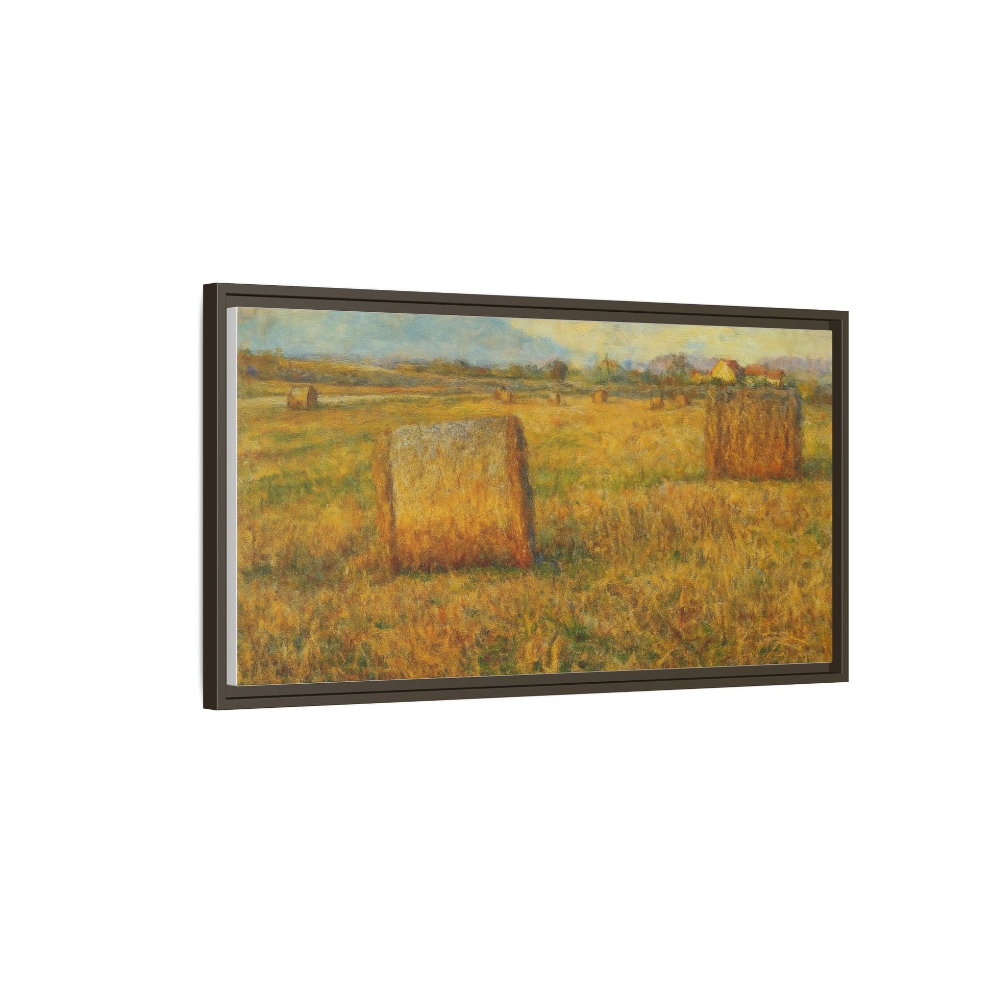 Framed matte canvas wall art featuring a rustic hayfield landscape print by Printify, depicting a serene rural scene.