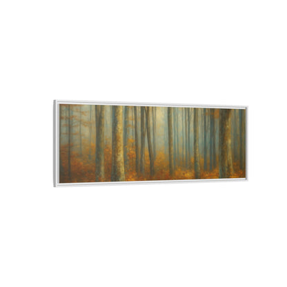 Framed autumn forest canvas print featuring misty woodland scene, wall art by Printify with vibrant colors and detailed landscape.