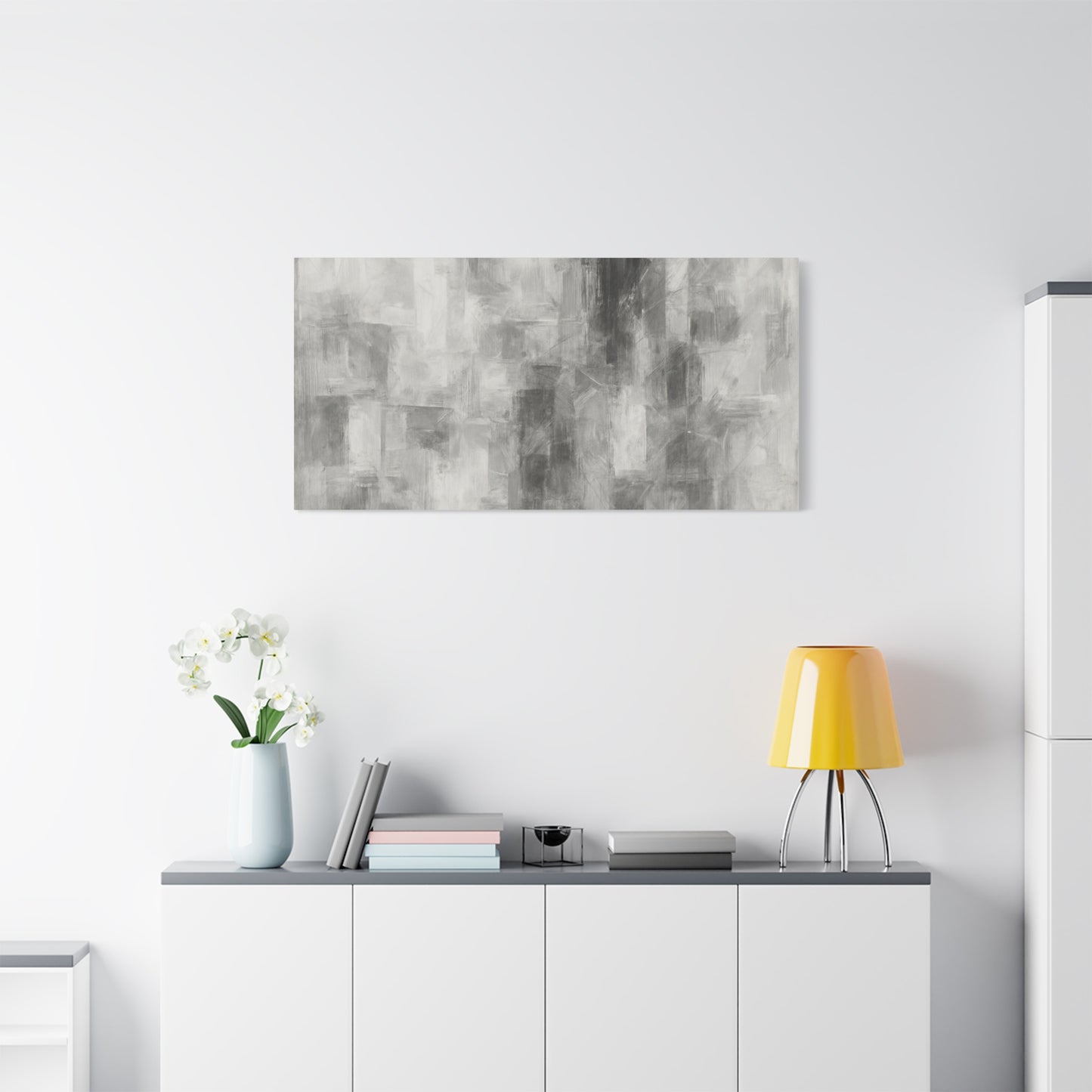 Abstract grey brushstroke canvas wall art on modern matte stretched canvas, neutral tones for contemporary home decor.