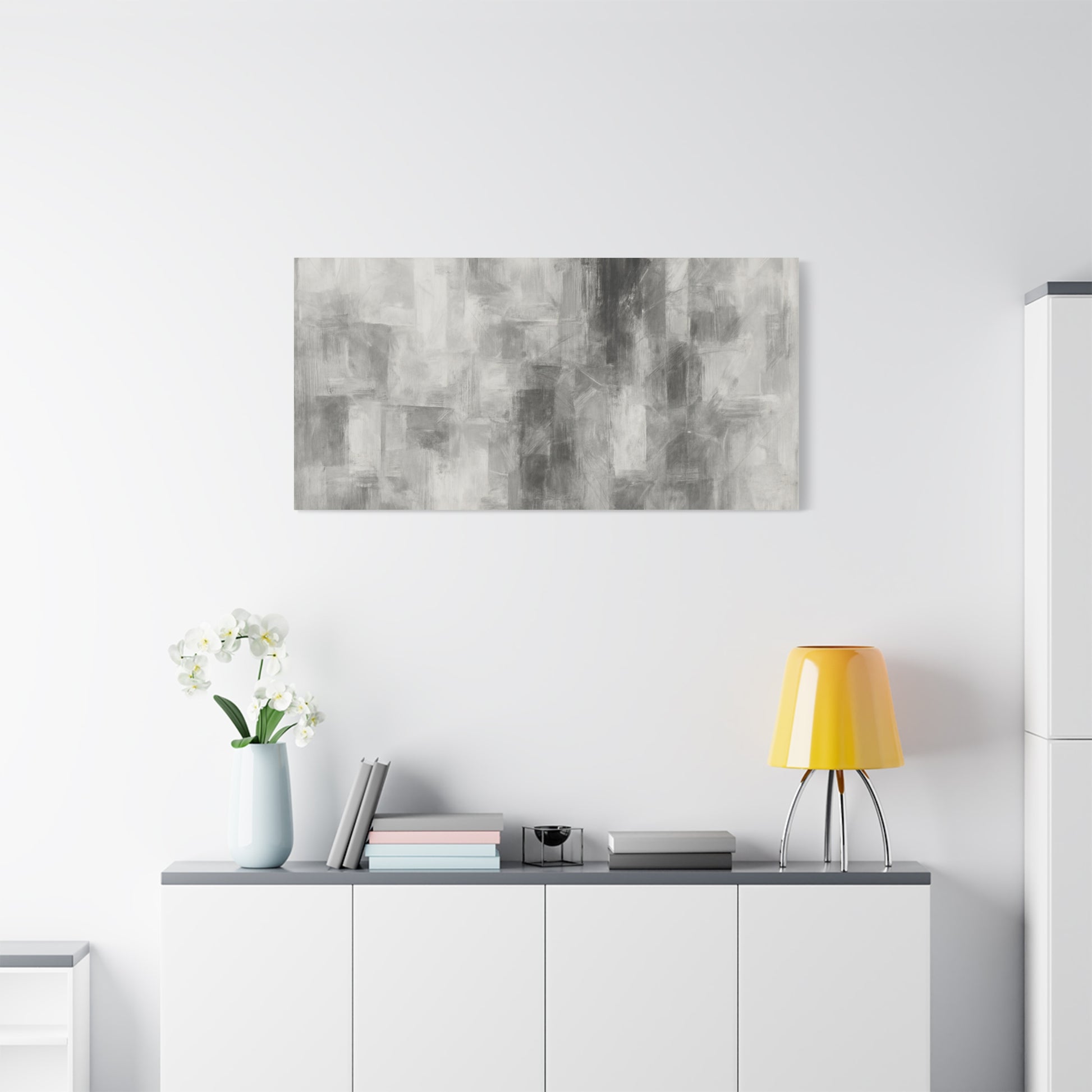 Abstract grey brushstroke canvas wall art on modern matte stretched canvas, neutral tones for contemporary home decor.