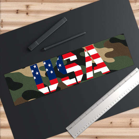 USA flag camo bumper sticker with patriotic military camouflage design on paper product for vehicle decoration.