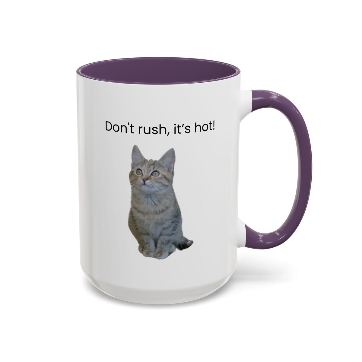 Ceramic cat coffee mug with "Don't rush, it's hot!" text, 11 oz, featuring a playful cat design and a glossy finish.