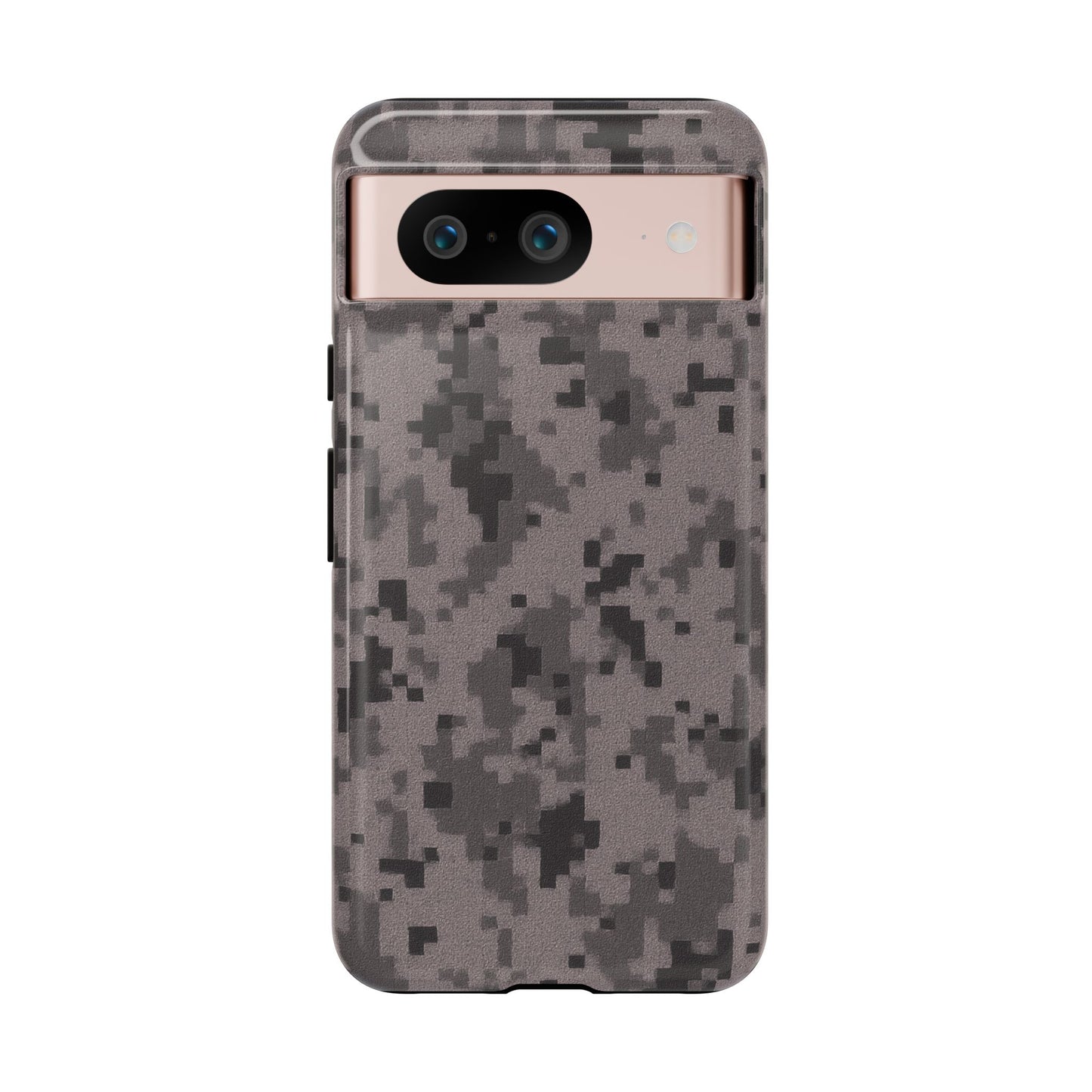 Gray digital camouflage phone case by Printify, tough protective cover for smartphones with a rugged camouflage design.