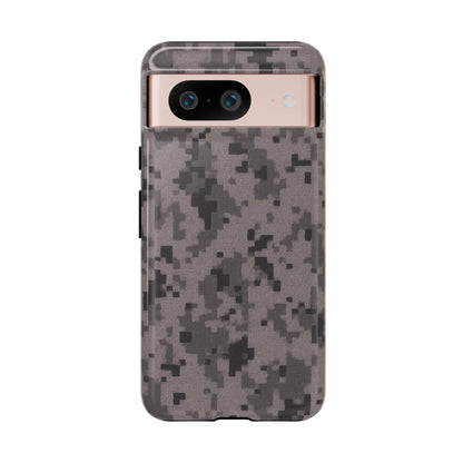Gray digital camouflage phone case by Printify, tough protective cover for smartphones with a rugged camouflage design.