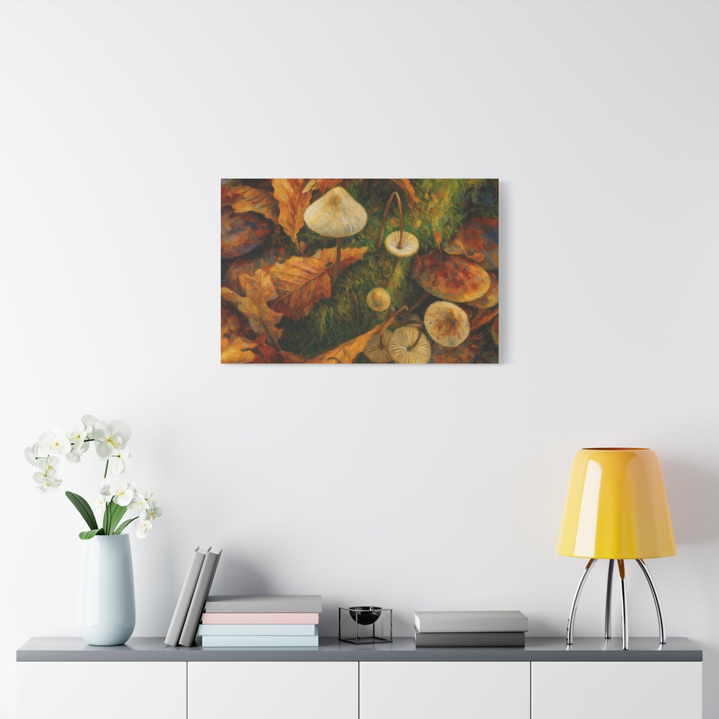Colorful autumn mushrooms printed on a canvas artwork by Printify, showcasing vibrant forest fungi in warm fall tones.