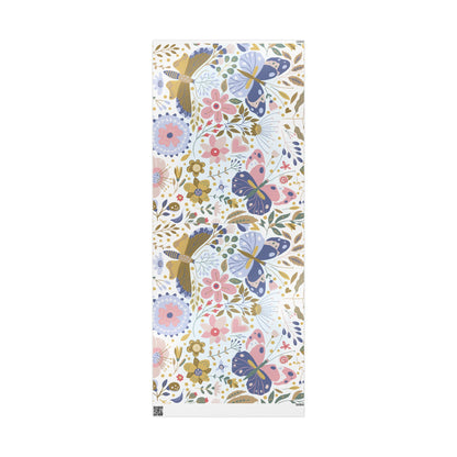 Floral Butterfly Wrapping Paper Roll — Elegant Blue & Gold Garden Gift Wrap