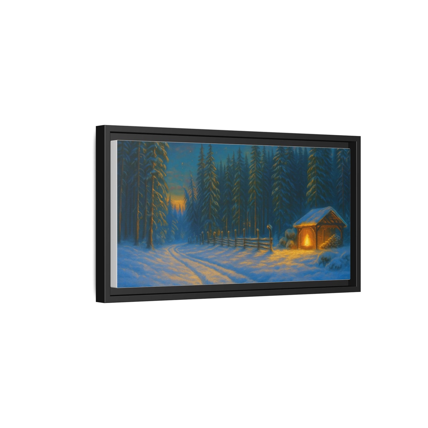 Cozy winter cabin matte framed canvas wall art featuring a snowy forest scene in the evening, ideal for winter home decor.